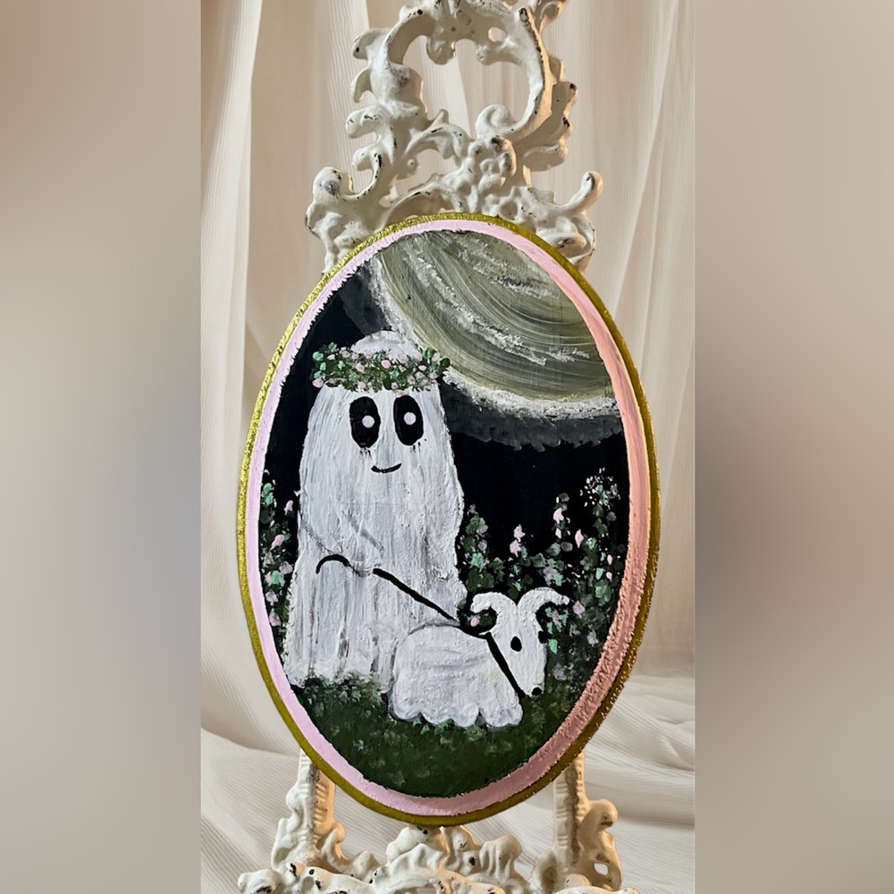 Girl Ghost Walking Ghost Dog Painting - OOAK Hand Painted on Wood